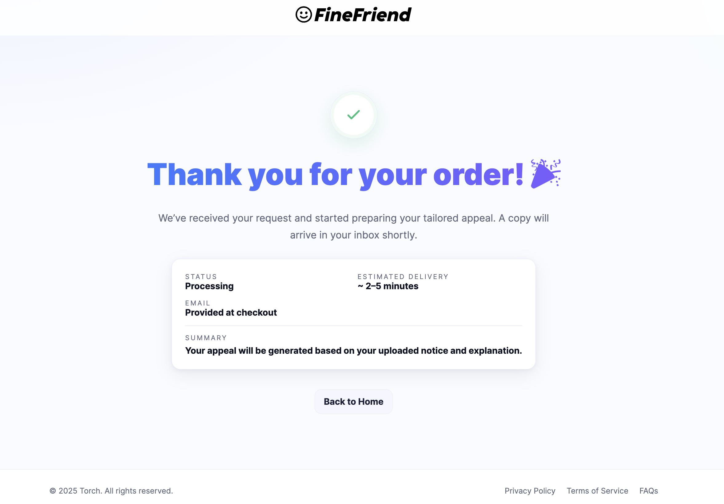 FineFriend order success page